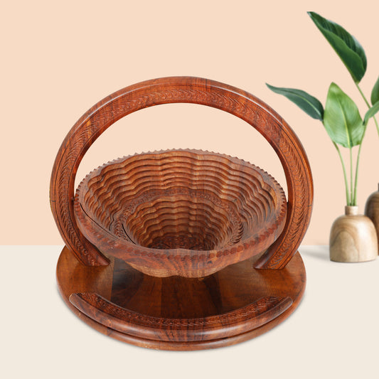 Wooden Handcrafted Collapsible Dry Nuts Basket Decorative Floral Carved Tray & Organiser